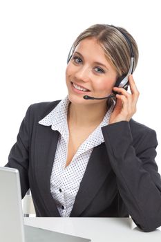 Blond girl with headphones illustrating business service, on white