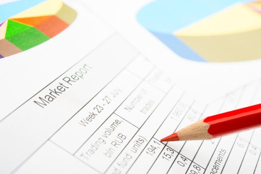 Company year report with graphs and pencil