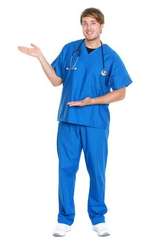 Male doctor / nurse showing presenting copy space standing in full body isolated on white background. Young medical professional caucasian man.