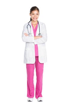 Young asian medical professional woman. Doctor or nurse standing in full body isolated wearing lab coat, scrubs and stethoscope. Young multiracial asian female medical professional in her mid twenties Isolated on white background.