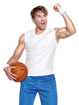 Basketball player isolated celebrating winning holding basket ball isolated on white background