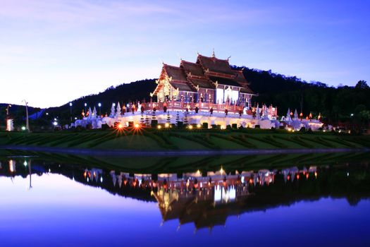 Reflection of Royal Pavilion in dusk, Thai Lanna Temple at Chianmai Northern of Thailand