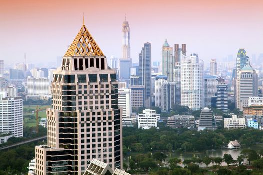 Aerial view of Bangkok Skyline cityscape with garden  Evening Thailand