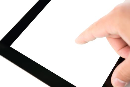 Hands holding modern digital tablet pc with blank screen
