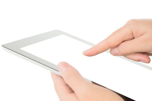 Hands holding modern digital tablet pc with blank screen