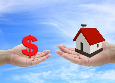 concept of money for buying house property with blue sky background
