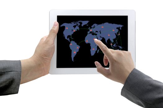 business hand touch on social network on technology tablet