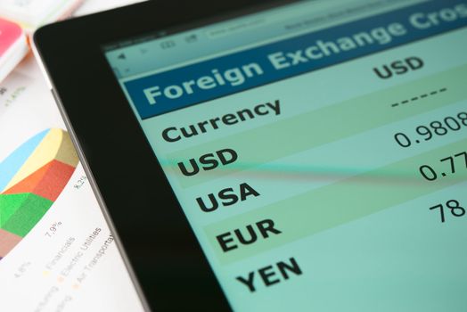 Modern tablet pc on a table with currency exchange information