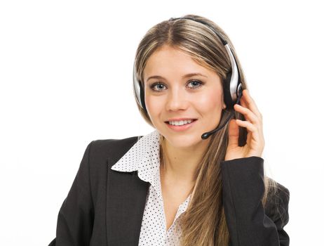 Young woman with headphones illustrating hot line, help desk, on white