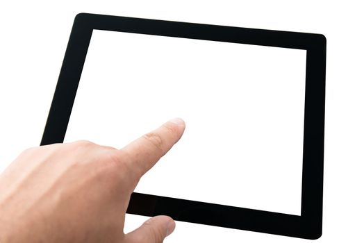 Hand touching modern digital tablet pc with blank screen