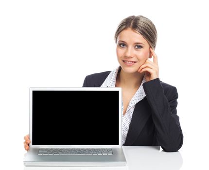 Business woman showing a laptop screen, on white