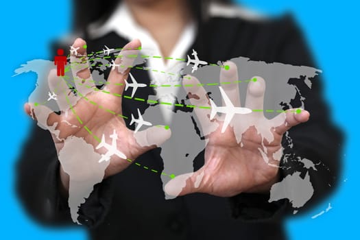 businesswoman touch on screen for world business travel transport concept
