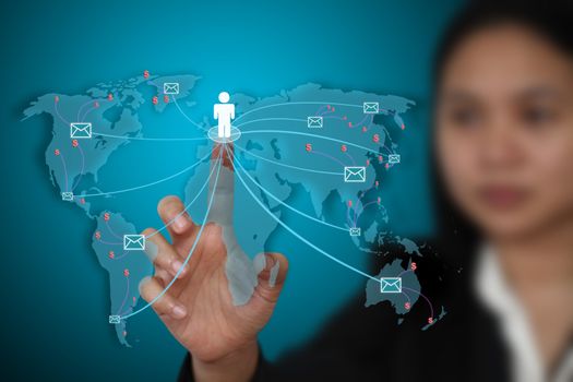business woman send e-mail to the world for communication concept