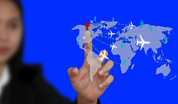 businesswoman touch on Virtual Interface screen for world business travel transport concept