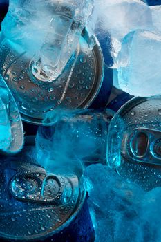Metal cans in a refrigerator covered with ice