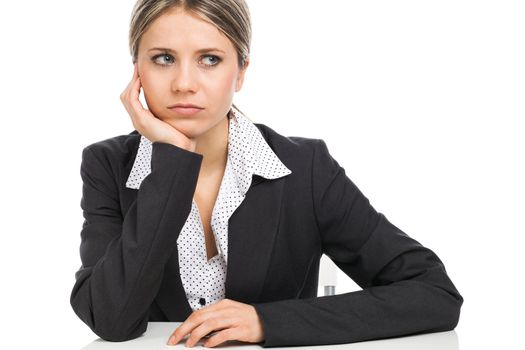 Business woman looking nervous because of financial problems, on white