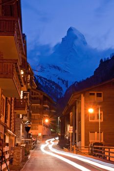 Matterhorn Peak with Light trail from Zermatt City, Swizerland