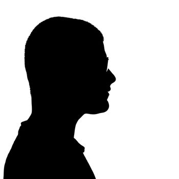 Side profile illustration in black of a young man wearing eyeglasses isolated over a white background.