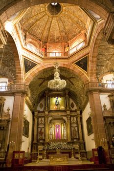 Orange Brick Dome Chandelier Golden Altar Parroquia, Archangel Church, San Miguel de Allende, Mexico