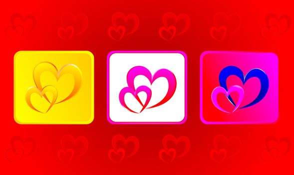 Two hearts illustration in three variations against red background