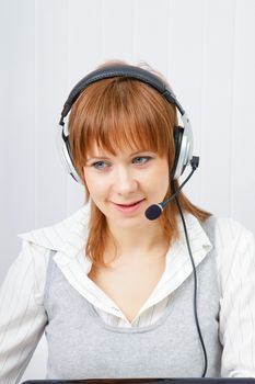 girl in headphones with a microphone. HotLine