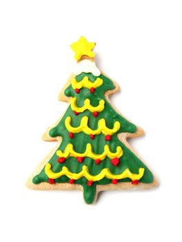 Decorated gingerbread Christmas tree on white