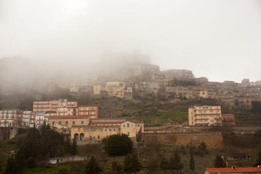 View of Troina in the fog, Sicily - Italy