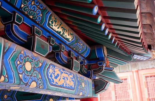 Eaves of roofs in an Oriental Palace in Beijing, China, with multicolored murals and decorations.