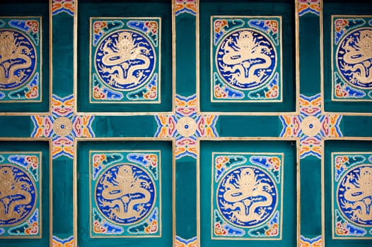 Multicolored murals and decorations in the ceiling of an Oriental Palace.