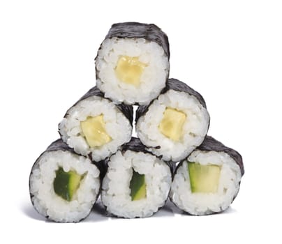 Cucumber maki rolls over white background