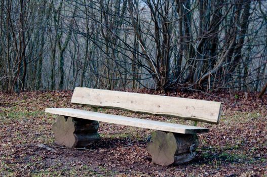 A lonely, empty park bench in early winter