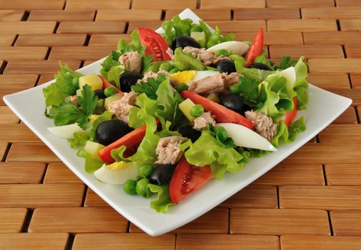 Vegetable salad with tuna, egg and olives