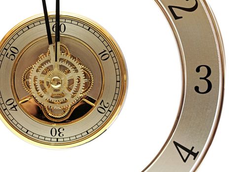 closeup golden clock with gears on white