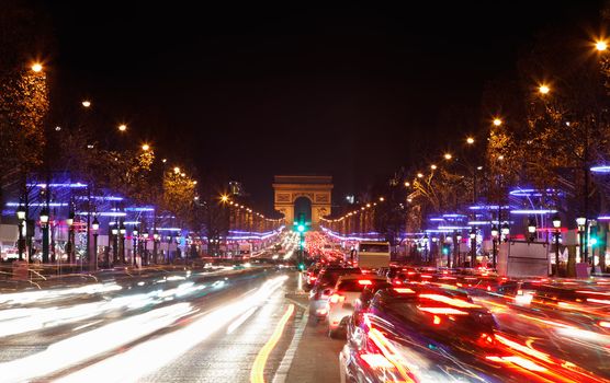 December illumination and traffic lights on the Avenue des Champs-�lys�es in Paris,Europe.