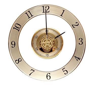 Golden Clock with gears on white