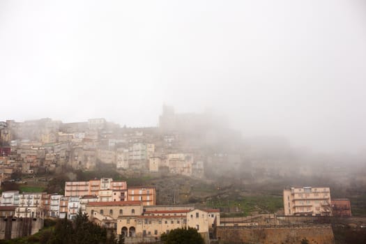 View of Troina in the fog, Sicily - Italy