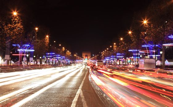 December illumination and traffic lights on the Avenue des Champs-�lys�es in Paris,Europe.