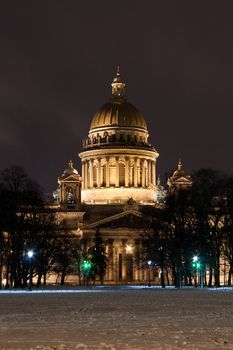 night vertical view of St. Isaac's Cathedral in Saint Petersburg, Russia
