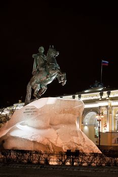 statue of Peter the Great on the Senate Square at night. Saint-Petersburg, Russia