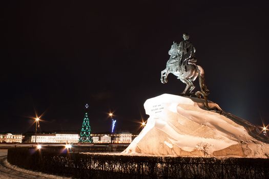 statue of Peter the Great on the Senate Square at night. Saint-Petersburg, Russia