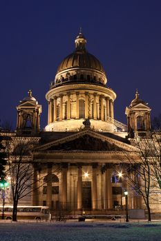 night vertical view of St. Isaac's Cathedral in Saint Petersburg, Russia