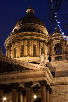 night vertical view of St. Isaac's Cathedral in Saint Petersburg, Russia