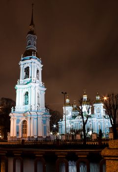 night vertical view of St. Nicholas cathedral. Saint-Petersburg, Russia