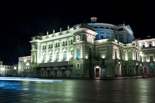 Night view of Mariinsky Opera and Ballet Theater in Saint Petersburg, Russia