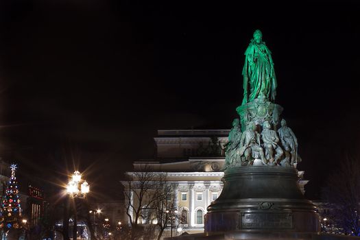 Night horizontal view of Theatre and monument of Catherine II, St. Petersburg, Russia