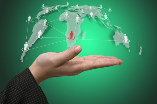 Business Hand Hold Person Connection on World Map using as Social Network Concept