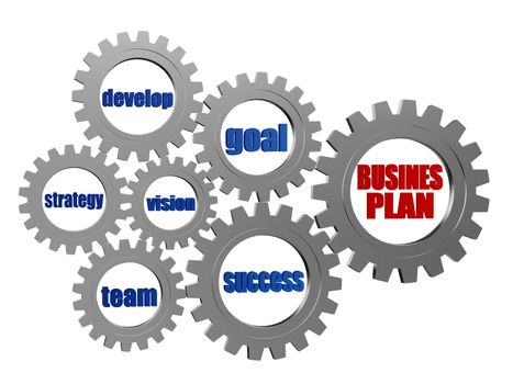 business plan and concept words in 3d silver grey gearwheels