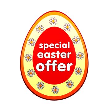 special easter offer banner - 3d red egg shape label with white text and flowers, business concept
