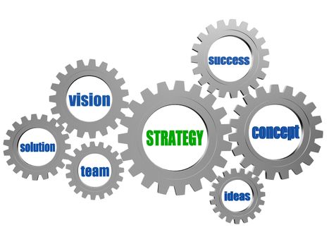 strategy and business concept words in 3d silver grey gearwheels