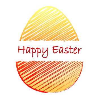 Happy Easter text and striped egg, yellow orange red painting